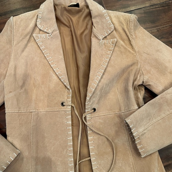 Joe Boxer Tan Leather Stitch Tie Front Suede Jacket Size Small - Picture 2 of 4